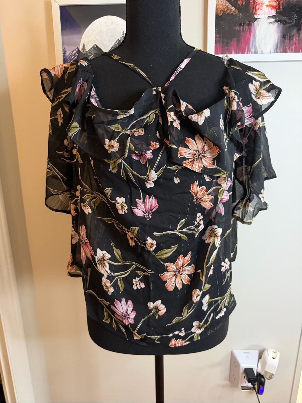 Iris Black Floral Cold-Shoulder Ruffle Blouse Size 1XL